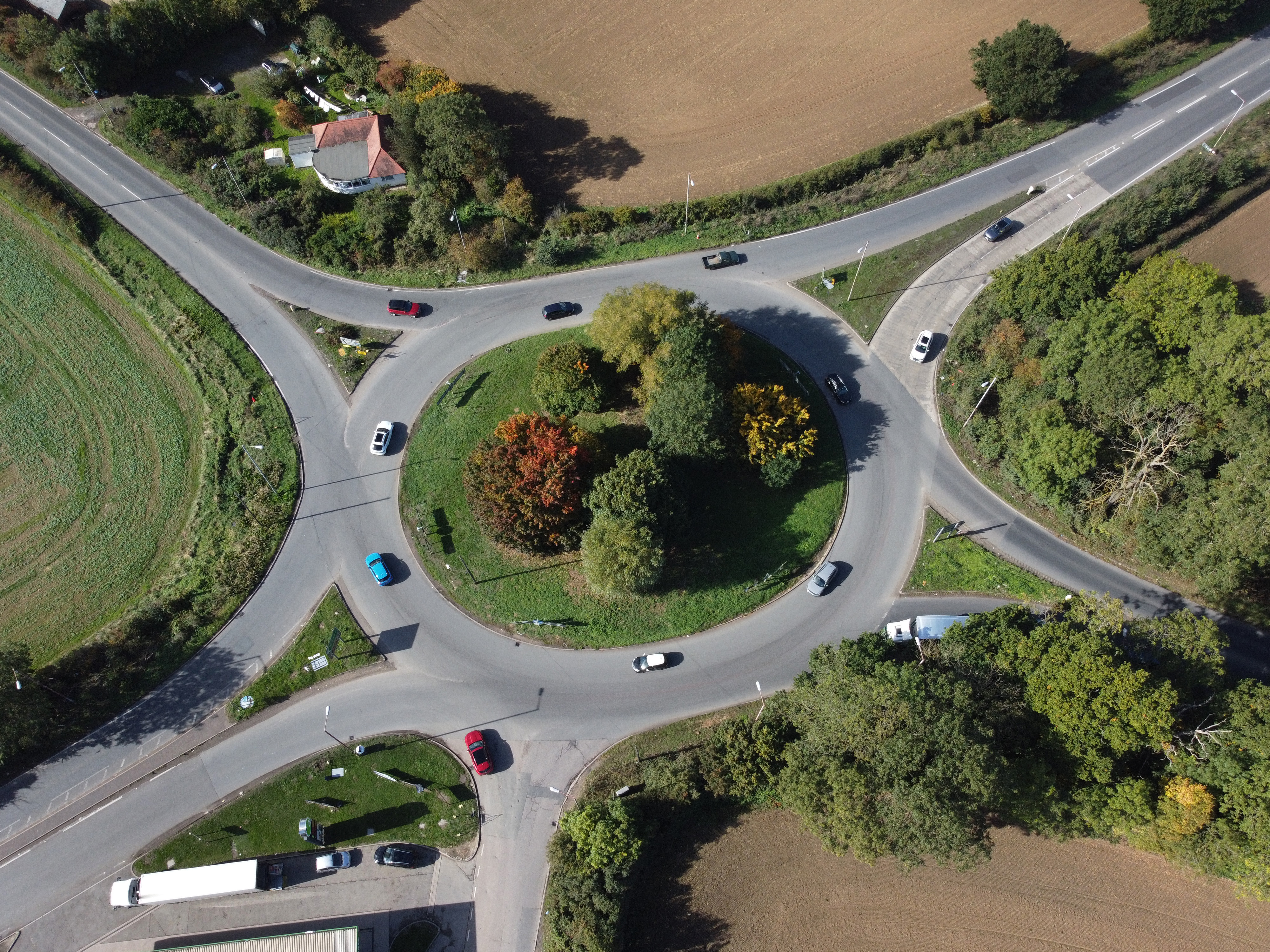 Aerial shot of A5 A426, also known as Gibbet Hill Junction